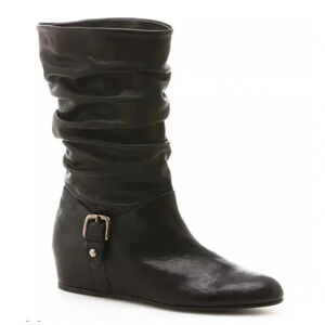 Stuart Weitzman Black Rugerio Leather Slouchy Moto Wedge Boots Size 7